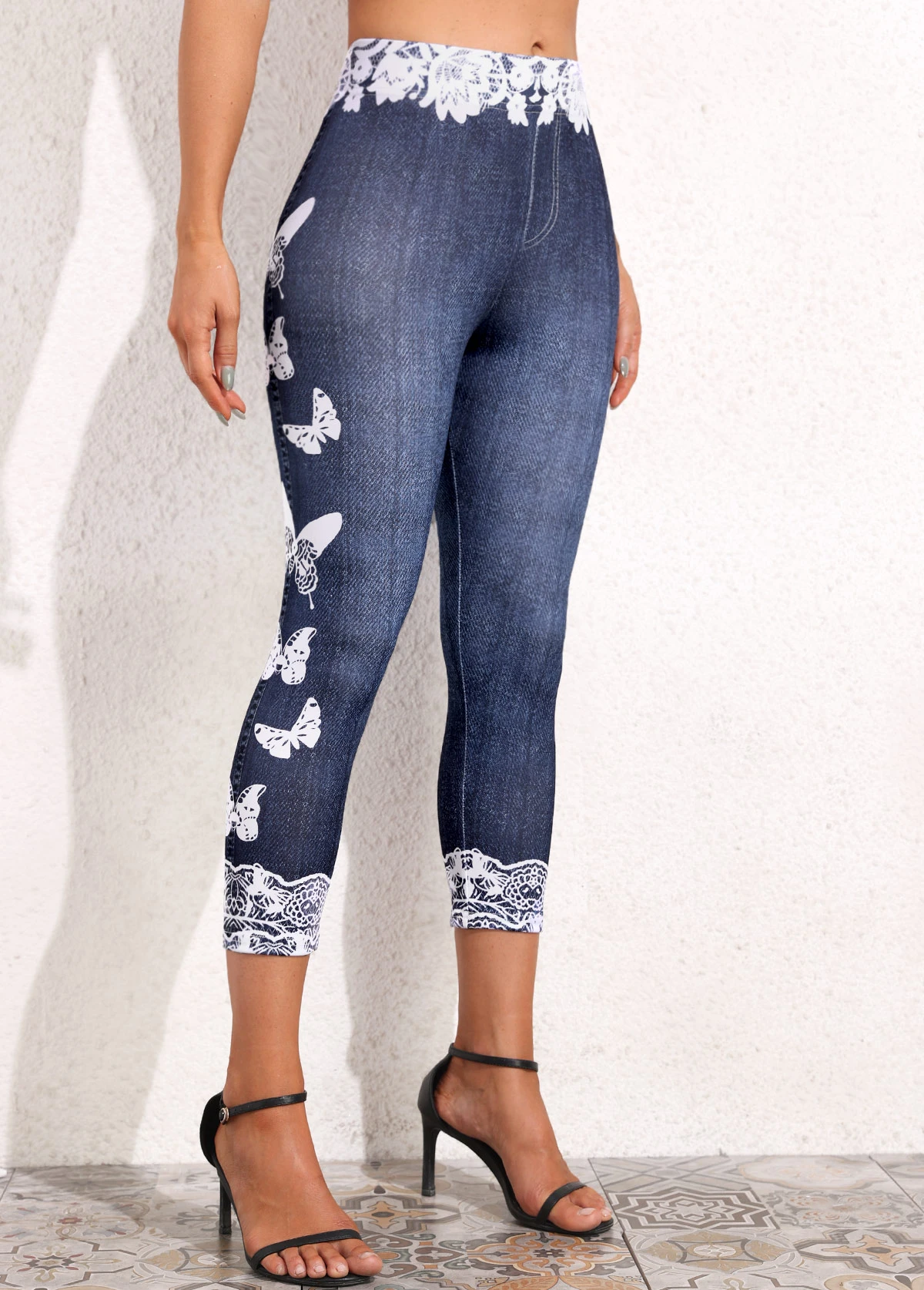 Denim Blue Butterfly Print High Waisted Leggings 5 Denim Blue Butterfly Print High Waisted Leggings - Image 3