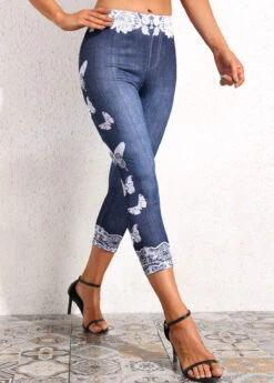 Denim Blue Butterfly Print High Waisted Leggings 10 Denim Blue Butterfly Print High Waisted Leggings -Modlily Shop 331151 P 16818982665442