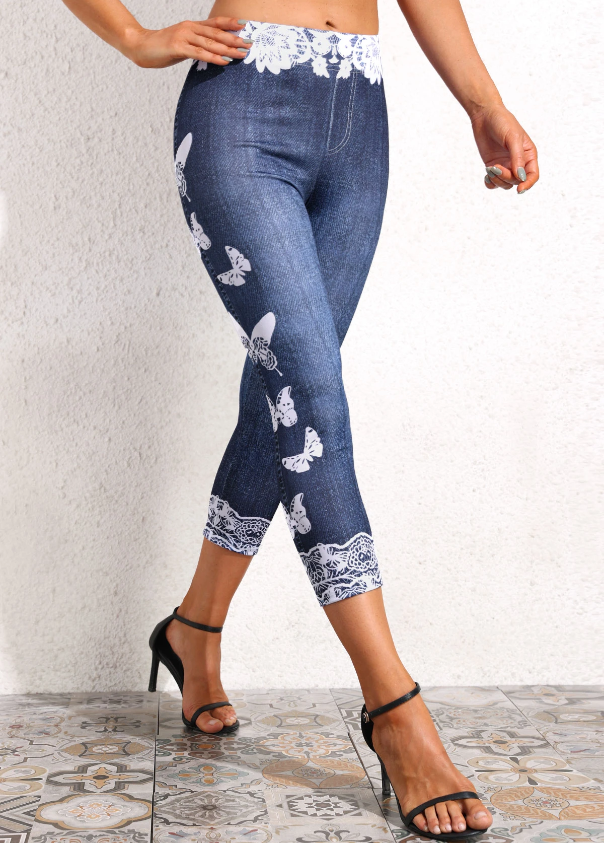 Denim Blue Butterfly Print High Waisted Leggings 6 Denim Blue Butterfly Print High Waisted Leggings - Image 4