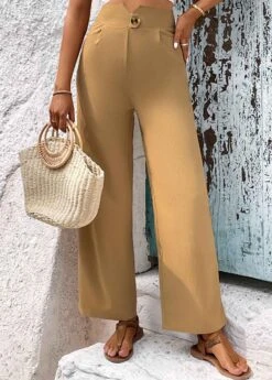 Light Camel Button High Waisted Pants -Modlily Shop 331268 P 1680769478543