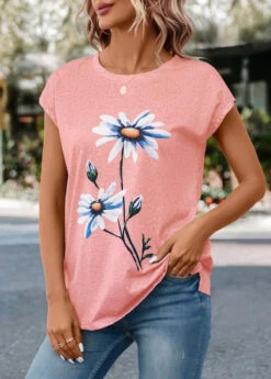 Pink Floral Print Short Sleeve T Shirt 10 Pink Floral Print Short Sleeve T Shirt -Modlily Shop 331272 P 16809561820422