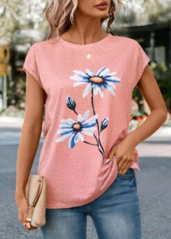 Pink Floral Print Short Sleeve T Shirt