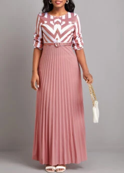 Pink Button Geometric Print Belted Maxi Dress -Modlily Shop 331331 P 16819675040683