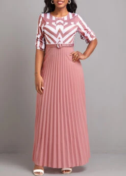 Pink Button Geometric Print Belted Maxi Dress -Modlily Shop 331331 P 16819675043604
