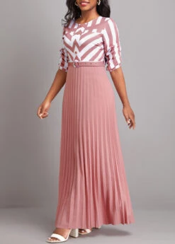Pink Button Geometric Print Belted Maxi Dress -Modlily Shop 331331 P 16819675044142