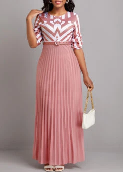 Pink Button Geometric Print Belted Maxi Dress