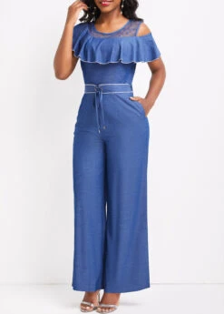 Denim Blue Ruffle Ankle Length Short Sleeve Jumpsuit -Modlily Shop 331361 P 16832836473202