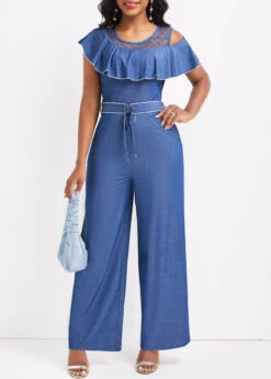 Denim Blue Ruffle Ankle Length Short Sleeve Jumpsuit -Modlily Shop 331361 P 16832836479073
