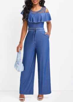 Denim Blue Ruffle Ankle Length Short Sleeve Jumpsuit