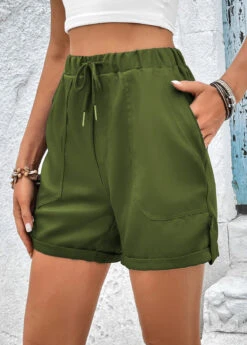 Olive Green Pocket Drawastring High Waisted Shorts -Modlily Shop 331383 P 16811751284002