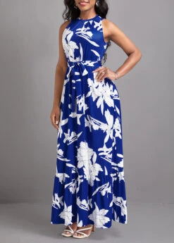 Blue Tie Leaf Print Belted Sleeveless Maxi Dress -Modlily Shop 331393 P 16825077040894