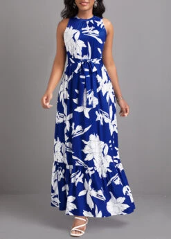 Blue Tie Leaf Print Belted Sleeveless Maxi Dress -Modlily Shop 331393 P 16825077042723