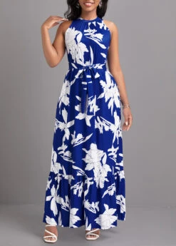 Blue Tie Leaf Print Belted Sleeveless Maxi Dress