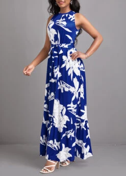 Blue Tie Leaf Print Belted Sleeveless Maxi Dress -Modlily Shop 331393 P 16825077046502