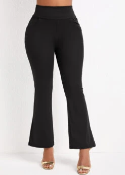 Black Pocket Flare Leg Elastic Waist Pants -Modlily Shop 331394 P 16820714770302