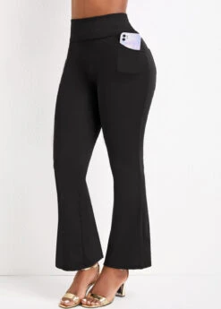 Black Pocket Flare Leg Elastic Waist Pants