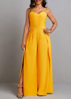 Yellow Split Ankle Length Sleeveless Heart Collar Jumpsuit -Modlily Shop 331567 P 16859588703223