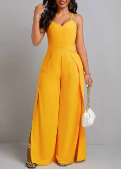 Yellow Split Ankle Length Sleeveless Heart Collar Jumpsuit