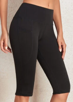 Black Mid Waisted Knee Length Elastic Waist Leggings -Modlily Shop 331612 P 16967527400102