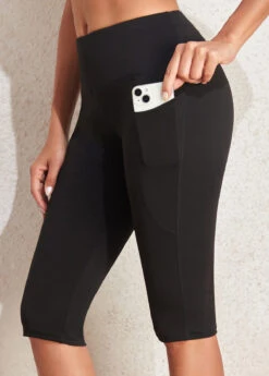 Black Mid Waisted Knee Length Elastic Waist Leggings