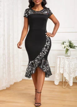 Black Patchwork Short Sleeve Round Neck Bodycon Dress -Modlily Shop 331686 P 16843229010434