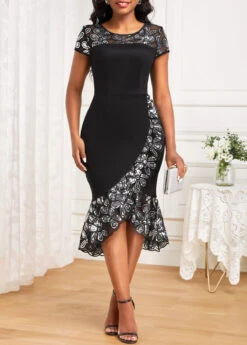 Black Patchwork Short Sleeve Round Neck Bodycon Dress