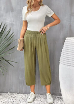 Olive Green Pocket Regular Elastic Waist Pants -Modlily Shop 331693 P 16838778961634