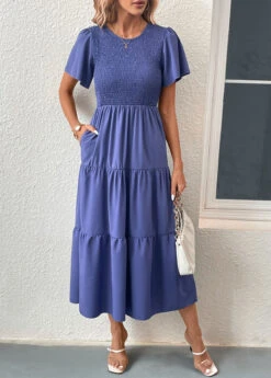 Blue Smocked Short Sleeve Round Neck Dress 10 Blue Smocked Short Sleeve Round Neck Dress -Modlily Shop 331696 P 16831817474503