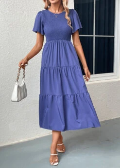 Blue Smocked Short Sleeve Round Neck Dress 9 Blue Smocked Short Sleeve Round Neck Dress -Modlily Shop 331696 P 16831817475202