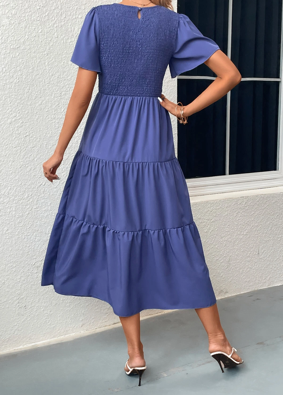 Blue Smocked Short Sleeve Round Neck Dress 4 Blue Smocked Short Sleeve Round Neck Dress - Image 2
