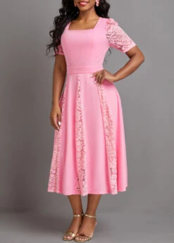 Pink Patchwork Half Sleeve Square Neck Dress -Modlily Shop 331862 P 16926885515622