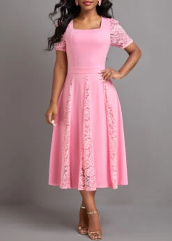 Pink Patchwork Half Sleeve Square Neck Dress -Modlily Shop 331862 P 16926885517024
