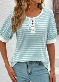 Mint Green Lace Up Short Sleeve T Shirt 13 Mint Green Lace Up Short Sleeve T Shirt -Modlily Shop 331884 P 16849787343865