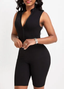 Black Zipper Short Sleeveless Skinny Romper -Modlily Shop 331918 P 16832837860802