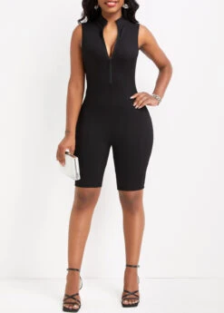 Black Zipper Short Sleeveless Skinny Romper -Modlily Shop 331918 P 16832837863244