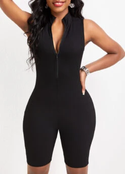 Black Zipper Short Sleeveless Skinny Romper