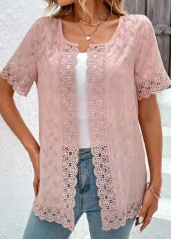 Pink Lace Short Sleeve Round Neck Topper -Modlily Shop 331969 P 16847569183723
