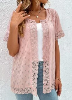 Pink Lace Short Sleeve Round Neck Topper -Modlily Shop 331969 P 16847569183882