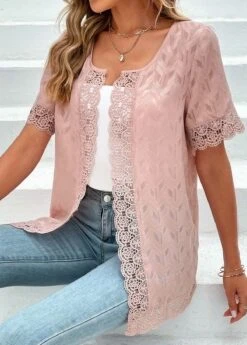 Pink Lace Short Sleeve Round Neck Topper -Modlily Shop 331969 P 16847569184705