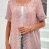 Pink Lace Short Sleeve Round Neck Topper -Modlily Shop 331969 P 16847569185200