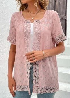Pink Lace Short Sleeve Round Neck Topper