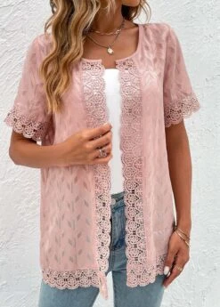 Pink Lace Short Sleeve Round Neck Topper -Modlily Shop 331969 P 16847569188314