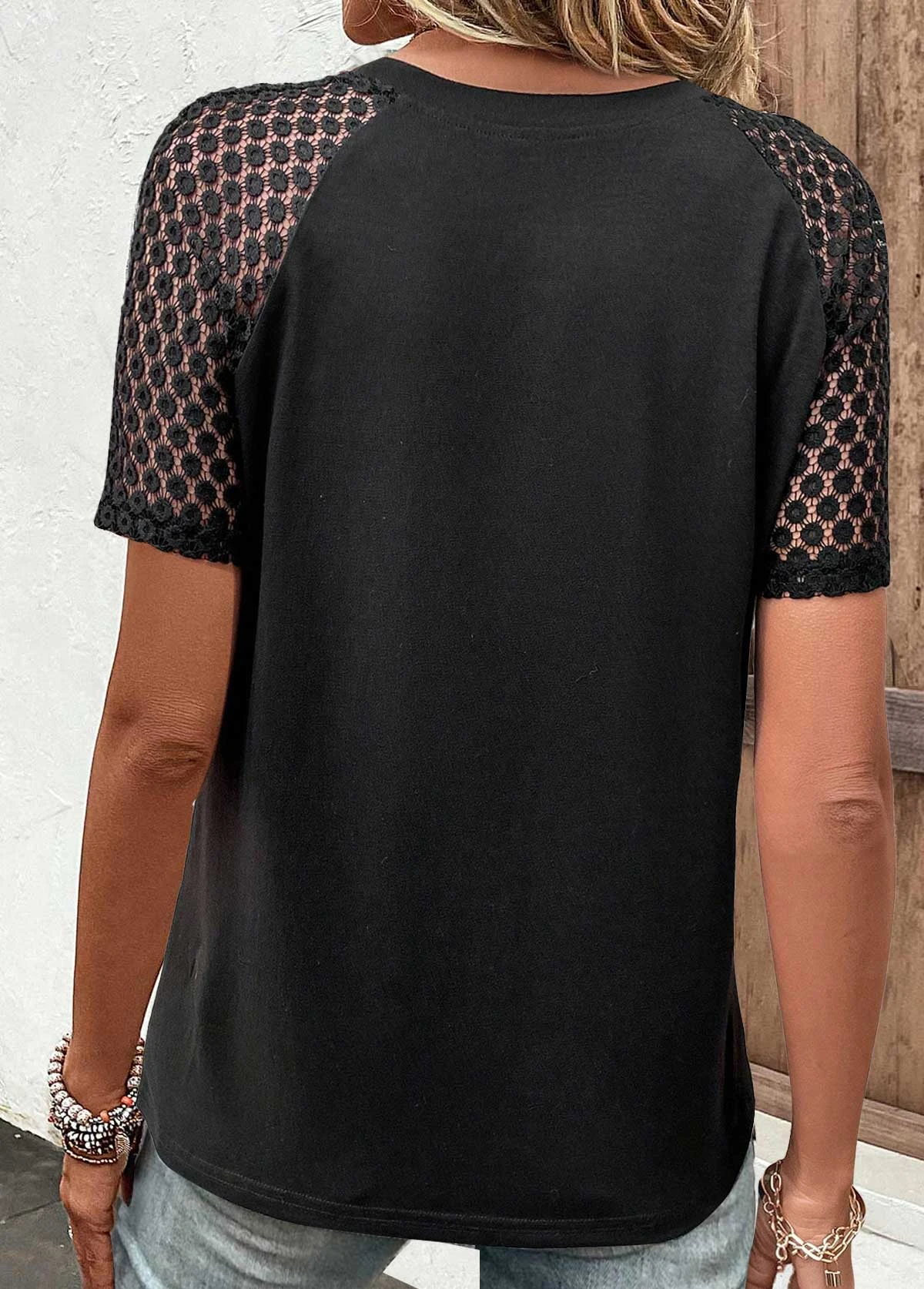 Black Lace Short Sleeve Round Neck T Shirt 4 Black Lace Short Sleeve Round Neck T Shirt - Image 2