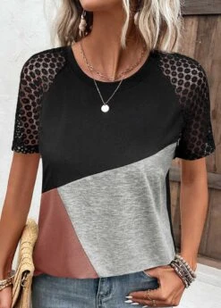 Black Lace Short Sleeve Round Neck T Shirt 7 Black Lace Short Sleeve Round Neck T Shirt -Modlily Shop 332048 P 1681866933514