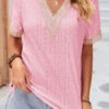 Pink Patchwork Short Sleeve V Neck T Shirt -Modlily Shop 332072 P 1681807621620