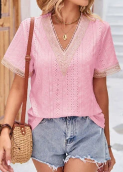 Pink Patchwork Short Sleeve V Neck T Shirt -Modlily Shop 332072 P 1681807622705
