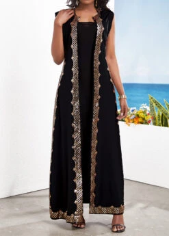 Black Sequin Two Piece Suit Sleeveless Maxi Dress And Cardigan -Modlily Shop 332075 P 16849788141093