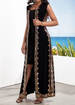 Black Sequin Two Piece Suit Sleeveless Maxi Dress And Cardigan -Modlily Shop 332075 P 16849788146032