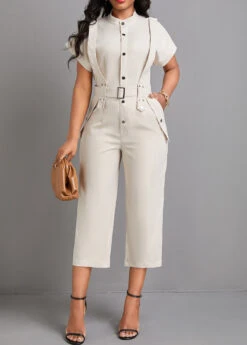 Beige Button Capri Belted Short Sleeve Jumpsuit 10 Beige Button Capri Belted Short Sleeve Jumpsuit -Modlily Shop 332085 P 16848058790213