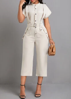 Beige Button Capri Belted Short Sleeve Jumpsuit 11 Beige Button Capri Belted Short Sleeve Jumpsuit -Modlily Shop 332085 P 16848058794824
